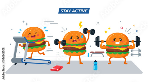 A Trio of Animated Burgers Engaging in Various Fitness Activities like Running on a Treadmill, Lifting Dumbbells, and Weightlifting
