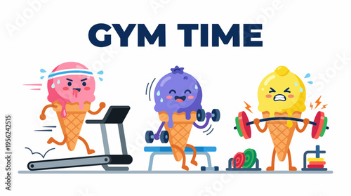 Fun and energetic illustration of ice cream cones enjoying a workout session at the gym with the text 'GYM TIME' above them, promoting fitness and healthy habits with a playful twist