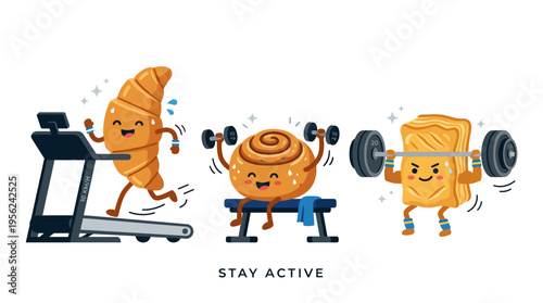 Funny cartoon characters of a croissant, cinnamon roll, and slice of toast exercising to stay active and healthy, promoting a balanced lifestyle