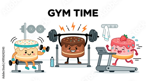 Fitness-themed cartoon characters featuring cakes and donuts engaging in various exercises at the gym