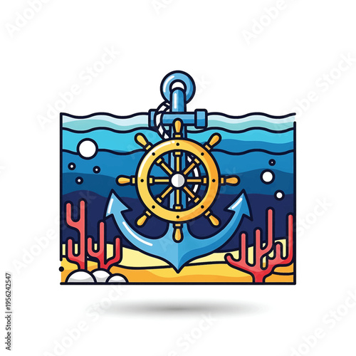 Anchor with ship wheel underwater.