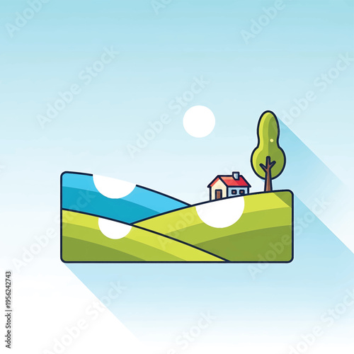 Cartoon house on green hill side.