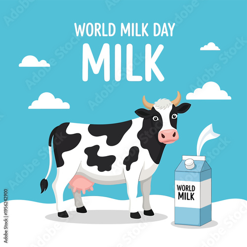 Black and white cow standing beside milk carton.