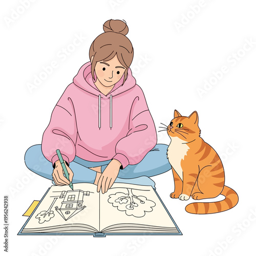 Young woman drawing in sketchbook with cat companion, creative hobby, illustration