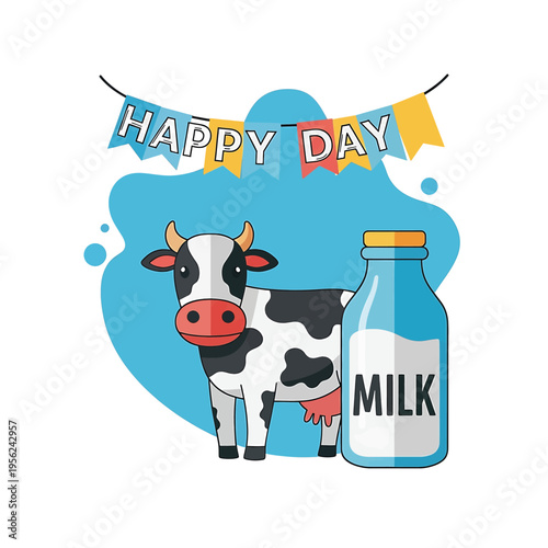 Black and white cow standing beside milk.