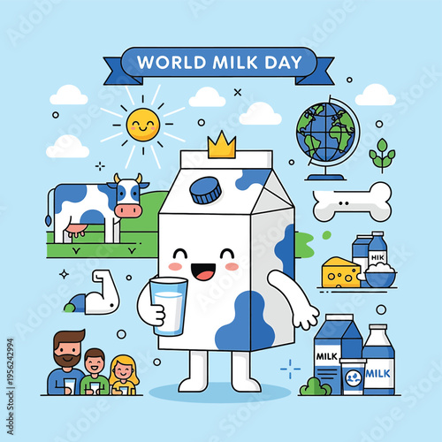 Cartoon milk carton character smiling.