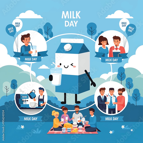 Cartoon milk carton character smiling.