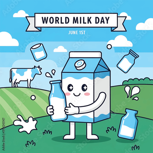 Cartoon milk carton character smiling.