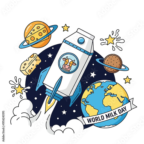 Cartoon milk carton in space.