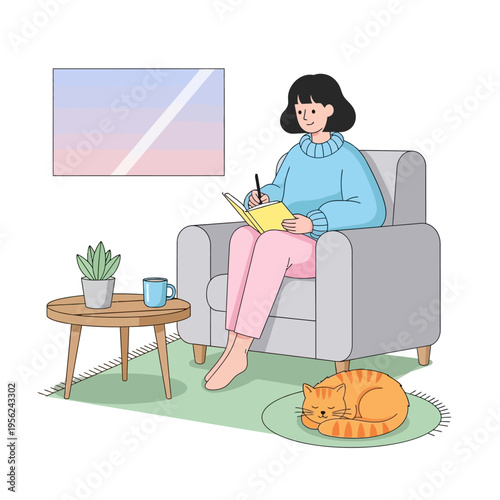 Cozy Woman Writing in Journal at Home with Sleeping Cat and Plant