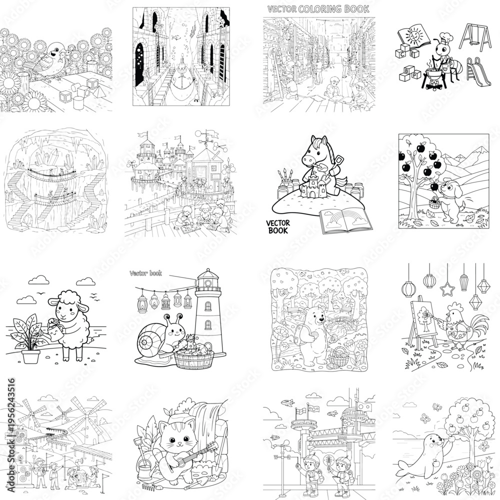 Naklejka premium Vector graphic elements set: koi fish stamp, snake target, city skyline, and alien face, yin yang