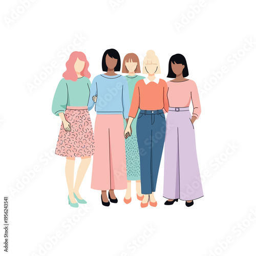 Diverse Women Group Standing Together, Flat Illustration Style