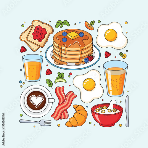 Breakfast food and drink items.