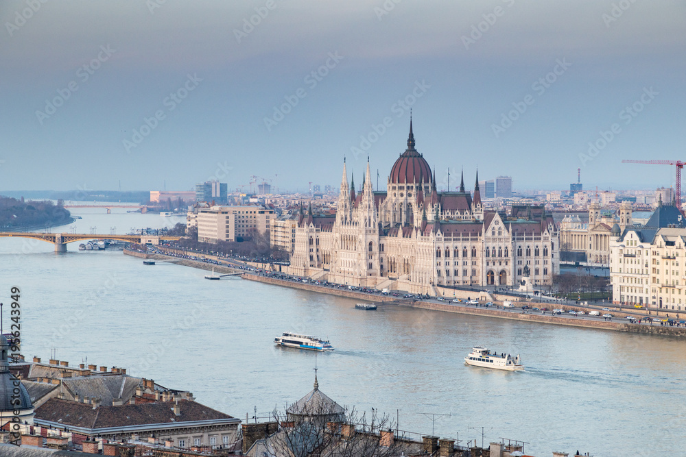 Fototapeta premium panorama view at the parliament with Danube river in Budapest