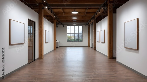 Empty art gallery hallway with wooden floors white walls and empty frames ready for exhibition
