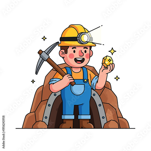 Cartoon miner holding gold nugget.