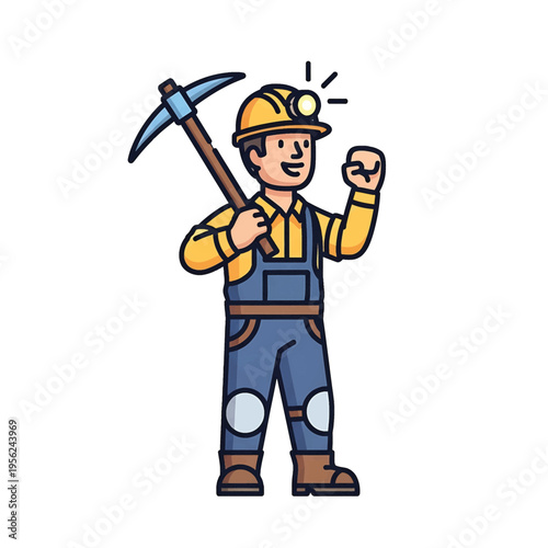 Cartoon miner with pickaxe and helmet.