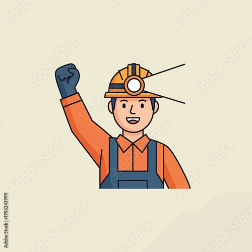 Cartoon miner with raised fist happy.