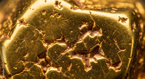 Close-up macro of textured gold nugget reflecting warm light, showcasing mineral wealth and natural luxury