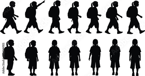 Black silhouette illustration of child wearing backpack in multiple walking and standing poses, including pointing gesture, upright posture, and forward-facing stance for motion and animation studies.