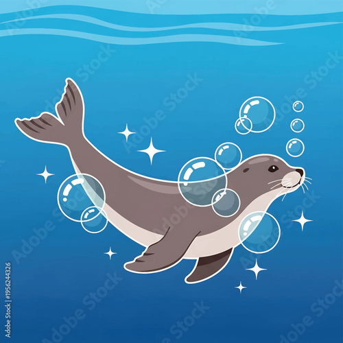 Cartoon Seal Underwater Swimming Freely Alone.