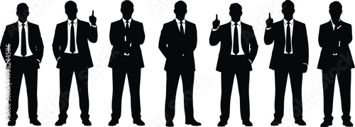 Black silhouette illustration of group of business people in suits and ties, standing side by side with varied poses including pointing gestures and formal stances.