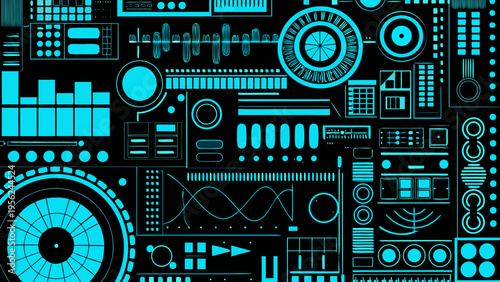 Abstract futuristic interface with glowing cyan elements on a black background