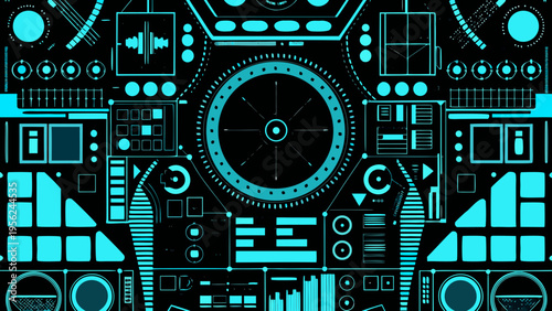 Abstract digital cockpit interface with glowing turquoise lines on black