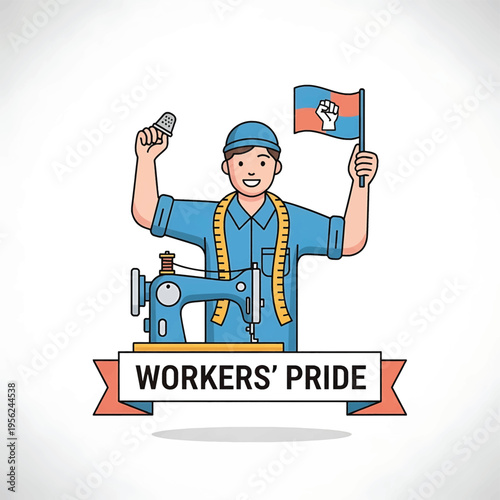 Cartoon worker with sewing machine.