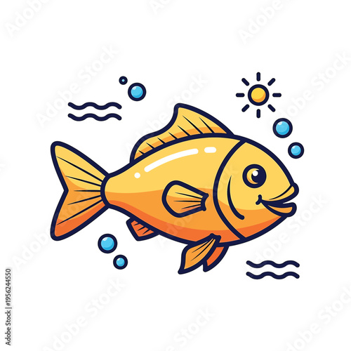 Cartoon Yellow Fish Swimming Underwater.