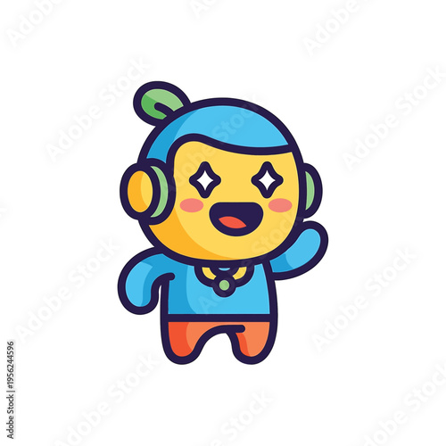 Cartoon character wearing blue headphones.