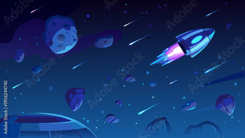 A futuristic spacecraft soars through a vibrant asteroid filled space scene