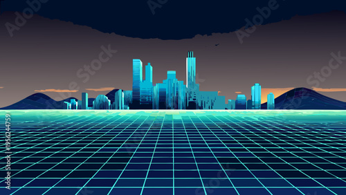Retro futuristic cityscape with glowing grid and mountainous background