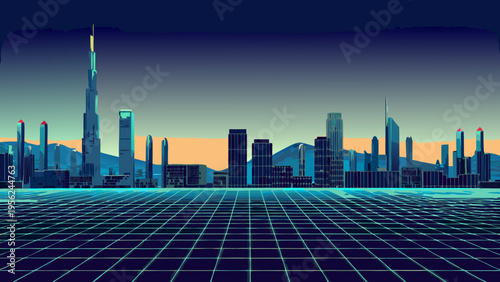 Retro wave cityscape featuring a tall futuristic building