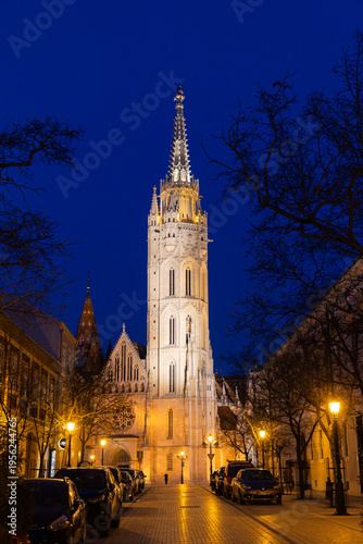 the Matthias Church in Budapest at blue hour  Hungary  Europe