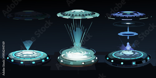 A collection of futuristic glowing unidentified flying objects in space