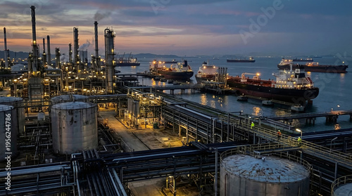 Oil refinery terminal at coastal port during sunset. Large cargo ship docking at sea terminal for fuel transport and distribution. Industrial energy facility for petrochemical production.
