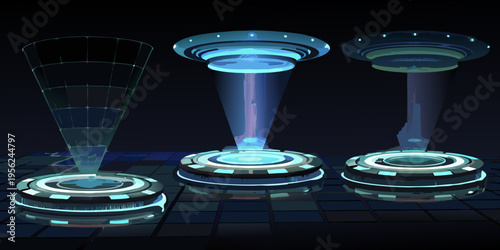 Three futuristic display platforms with glowing blue energy beams