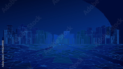 Futuristic cityscape with glowing network connections and a dark blue tone