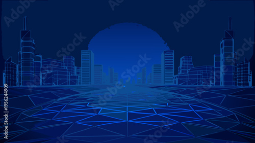 Futuristic cityscape rendered in a glowing blue wireframe design