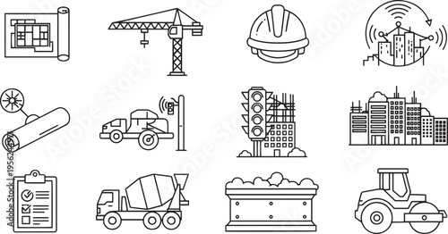 Construction and Urban Development Icon Set with Crane, Blueprint, Cement Mixer and Smart City Tech
