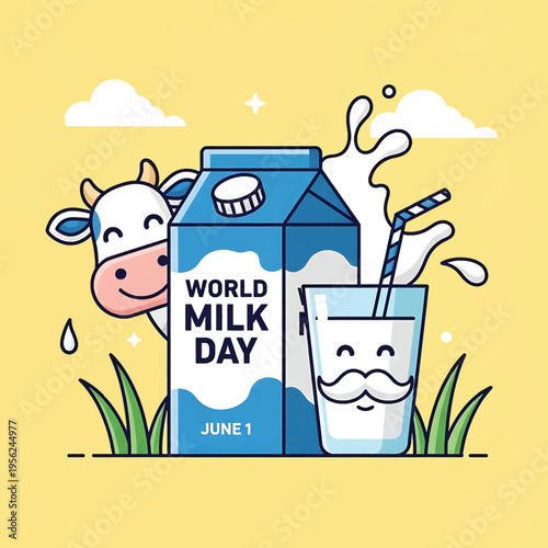 Cartoon cow smiling behind milk carton.