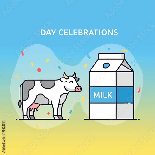 Cartoon cow standing next to milk.