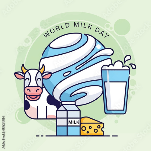 Cartoon cow with milk products.