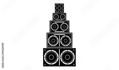 Towering stacked speaker sound system with subwoofer and tweeter arrangement black vector isolated on white background