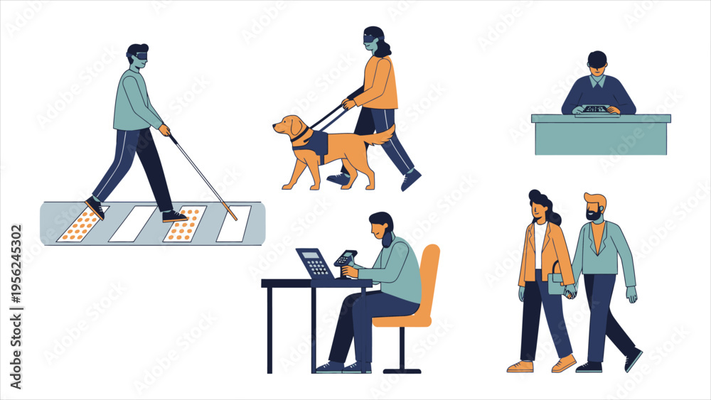 Fototapeta premium Blind People Silhouette Icon Set – White Cane, Guide Dog, and Accessibility Pictograms