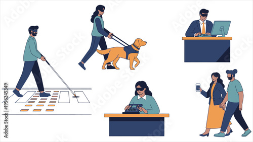 Blind People Silhouette Icon Set – White Cane, Guide Dog, and Accessibility Pictograms