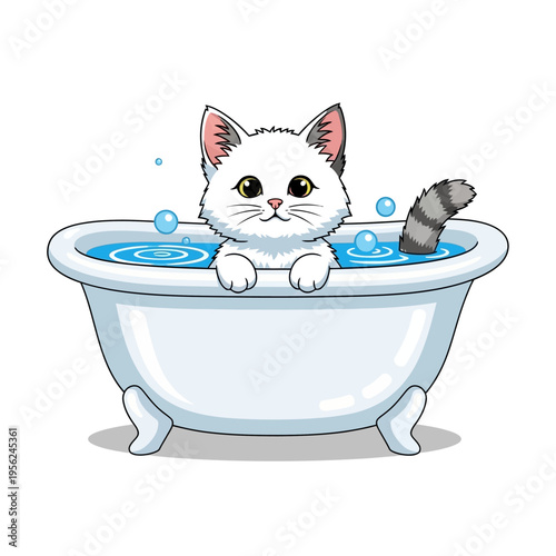 Cute White Kitten Bathtub Bathing Bubbles Water Fun Isolated
