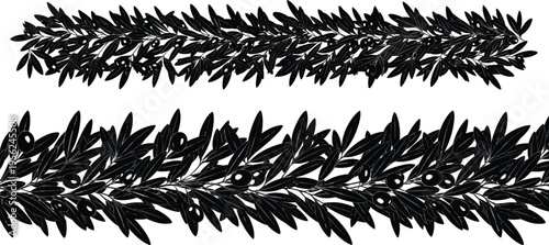 Elegant decorative olive branch borders with leaves and fruit, classical botanical silhouette design for ornamentation, peace and victory motifs, perfect for graphic art projects
