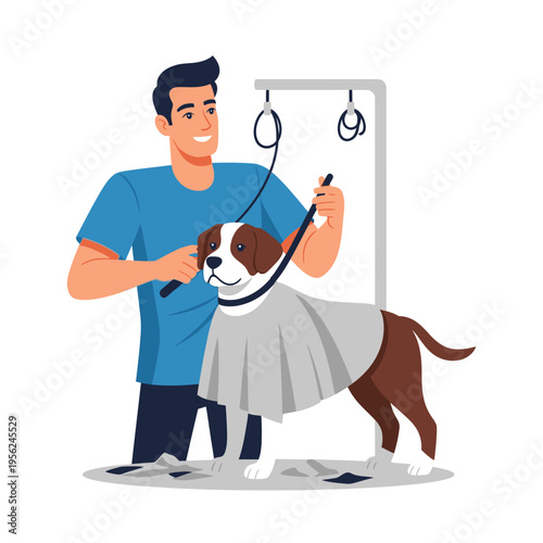 Happy dog grooming session with male groomer in salon, professional pet care